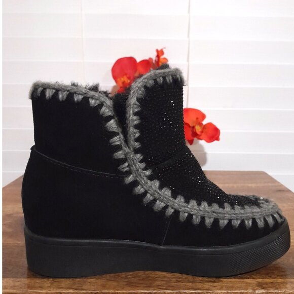 Waterproof Blondo Anabel Women's Cow Suede & Faux Fur Black Sparkly Ankle Boots - Picture 9 of 9